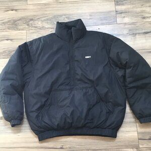 OBEY Puffer Cropped Jacket Overcoat Half Zipper Quilted Logo  Pockets Blk S